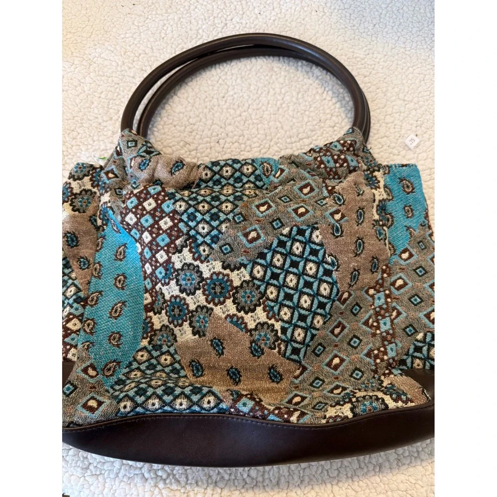 Bohemian Tapestry Patchwork Handbag Turquoise Brown Paisley Geometric Hobo Bag